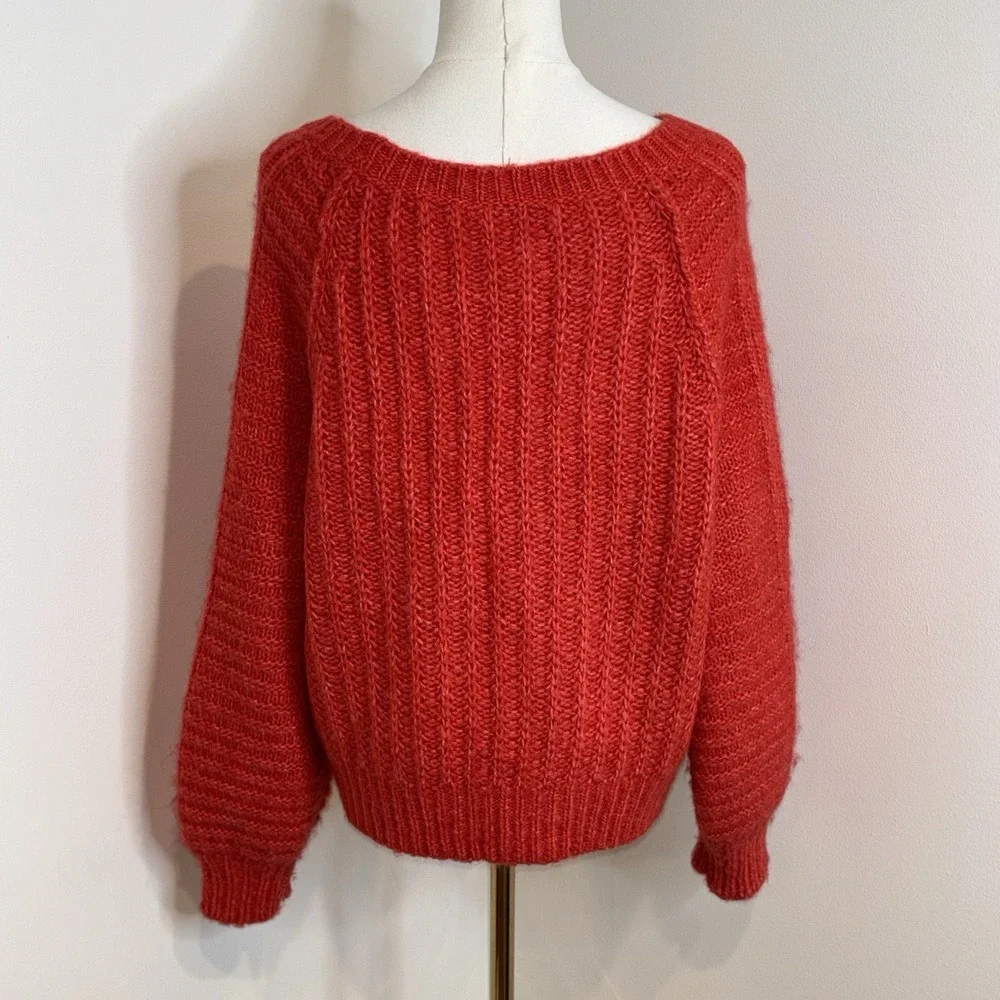 Free People Carter Fuzzy-Knit Pullover Sweater Red Hot OverSized Women's XS